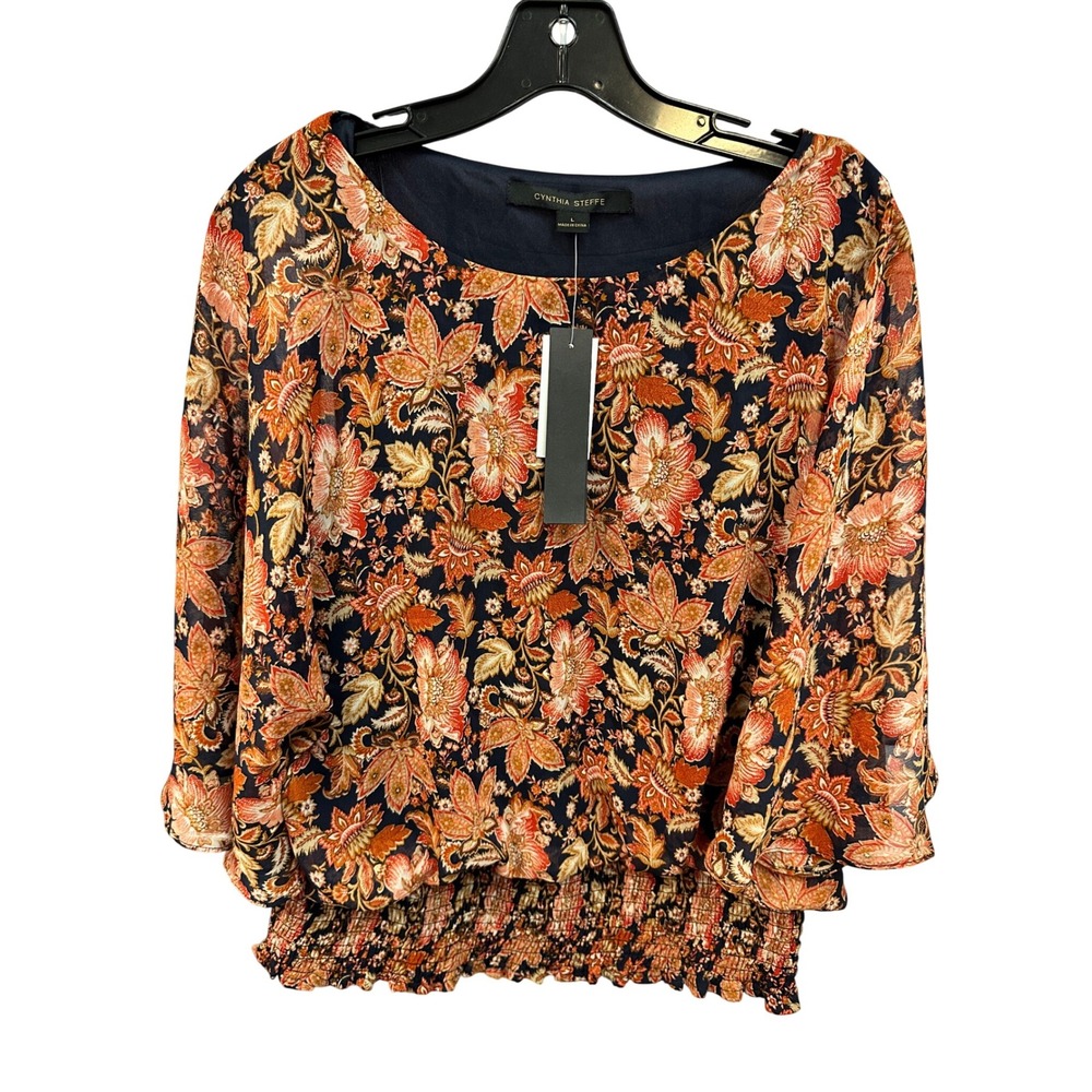 Cynthia Steffe Floral Blouse Womens Large Smocked Waist Navy